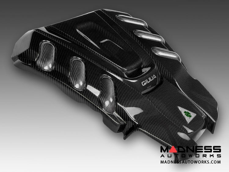 Alfa Romeo Giulia Engine Cover - Carbon Fiber - QV Version - White Accents + Giulia Logo + Cloverleaf 